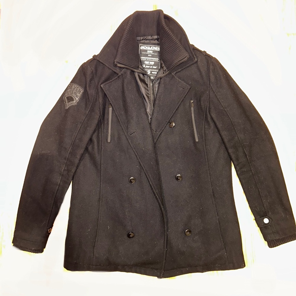 Jack & Jones Romeo Wool Jacket Core UK Size L Black Zip Up Button Military Look